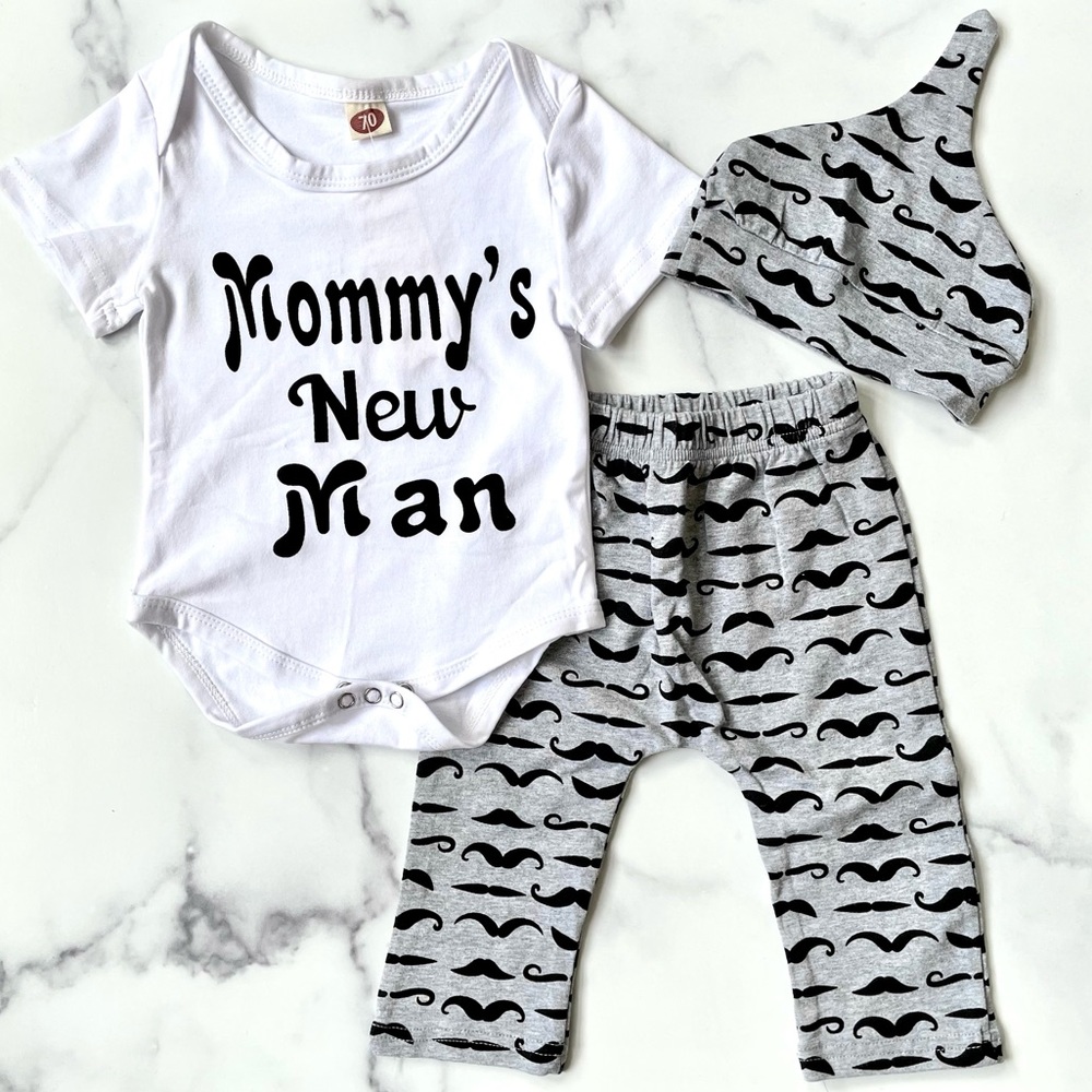 Onesie/pant/beanie boys 8 months “Mommy’s New Man” set in mustache print
